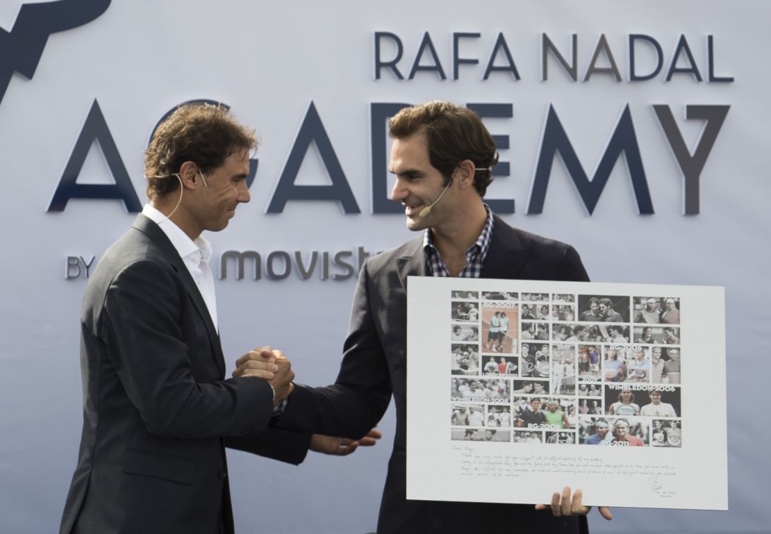 Roger Federer (right) helped Nadal open his academy in Manacor on October 19, 2016. 