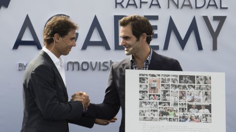 Roger Federer (right) helped Nadal open his academy in Manacor on October 19, 2016. 
