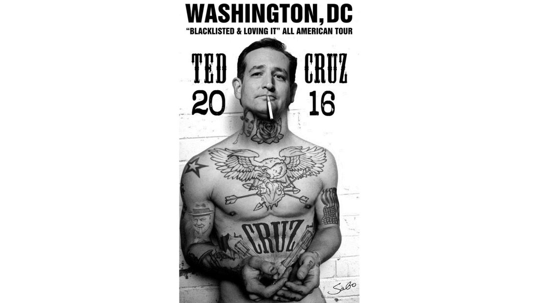 Controversial artist Sabo, who has been criticized for posting inflammatory comments on social media, created this image in support of Republican Presidential contender Ted Cruz in 2015. Cruz's presidential campaign initially sold the poster and items with other images from Sabo through its online store, but eventually removed them following outcry over Sabo's sometimes racist statements. 