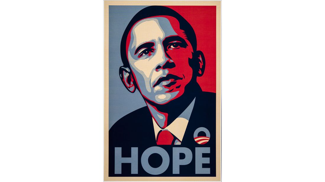 This poster by American artist Shepard Fairey immediately went viral after its release. It "brilliantly captured the country's need for optimism and hopefulness after eight dismal years of George Bush II," according to Carol Wells, the founder and executive director of the Center for the Study of Political Graphics.