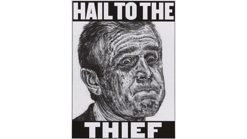 One of several political posters to play on the well-known phrase "Hail to the Chief", this rendering reflects the highly charged results of the <a href="index.php?page=&url=http%3A%2F%2Fedition.cnn.com%2F2015%2F10%2F31%2Fpolitics%2Fbush-gore-2000-election-results-studies%2F">2000 U.S. presidential election</a>. Albert Gore, Jr. won the popular vote but lost the election to George W. Bush following a 36-day vote recount in the state of Florida. Katherine Harris, who certified the vote, was a principal fundraiser with the Florida Republican Party at the time while George W. Bush's brother, Jeb Bush, was the then governor of Florida.