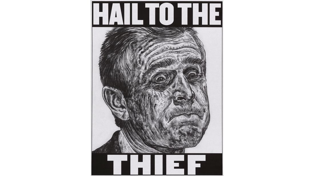 One of several political posters to play on the well-known phrase "Hail to the Chief", this rendering reflects the highly charged results of the <a href="http://edition.cnn.com/2015/10/31/politics/bush-gore-2000-election-results-studies/">2000 U.S. presidential election</a>. Albert Gore, Jr. won the popular vote but lost the election to George W. Bush following a 36-day vote recount in the state of Florida. Katherine Harris, who certified the vote, was a principal fundraiser with the Florida Republican Party at the time while George W. Bush's brother, Jeb Bush, was the then governor of Florida.