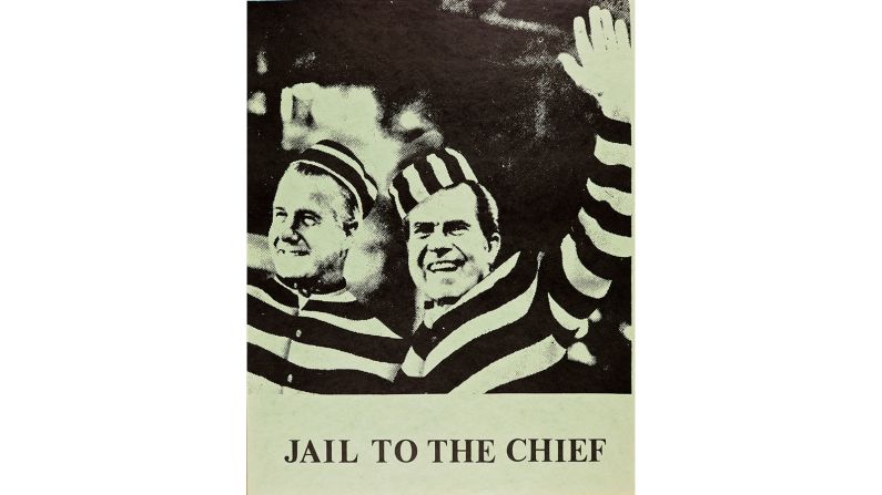 Another take on "Hail to the Chief," this poster features then U.S. Vice President, Spiro Agnew, and President Richard Nixon. Agnew resigned from office on October 10, 1973, after pleading no contest to charges of federal tax evasion. Nixon resigned on August 8, 1974 after being charged with high crimes and misdemeanors related to the 1972 <a href="index.php?page=&url=http%3A%2F%2Fedition.cnn.com%2F2016%2F10%2F13%2Fpolitics%2Fwatergate-counterfactual-naftali%2F">Watergate</a> scandal.