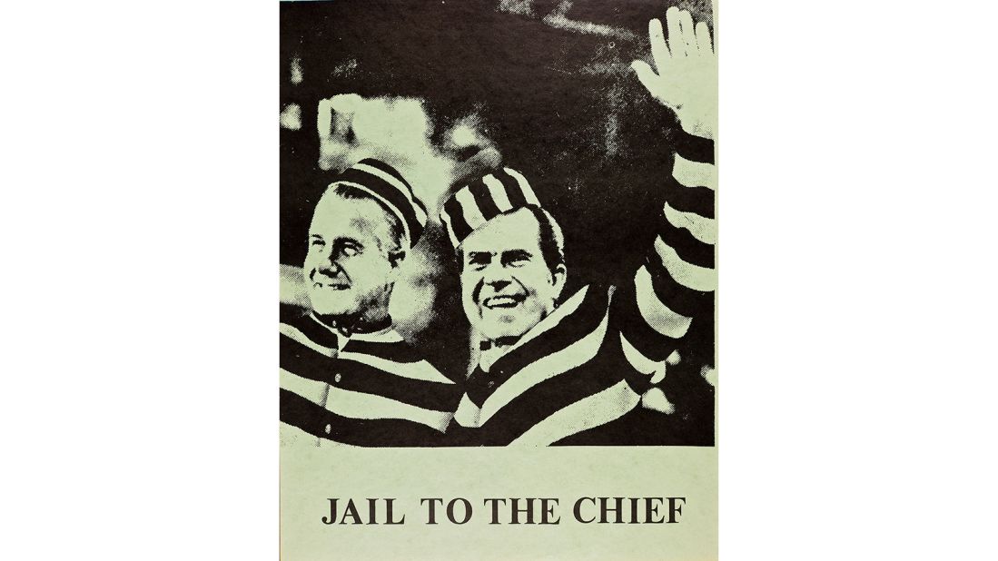 Another take on "Hail to the Chief," this poster features then U.S. Vice President, Spiro Agnew, and President Richard Nixon. Agnew resigned from office on October 10, 1973, after pleading no contest to charges of federal tax evasion. Nixon resigned on August 8, 1974 after being charged with high crimes and misdemeanors related to the 1972 <a href="http://edition.cnn.com/2016/10/13/politics/watergate-counterfactual-naftali/">Watergate</a> scandal.