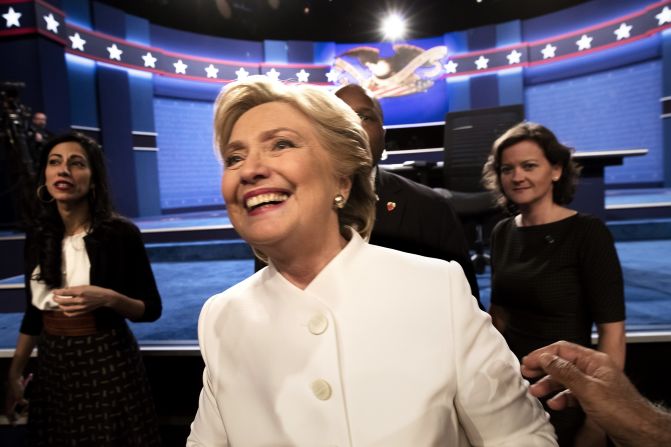 Democratic nominee Hillary Clinton walks off stage following the <a href="index.php?page=&url=http%3A%2F%2Fwww.cnn.com%2F2016%2F10%2F19%2Fpolitics%2Fpresidential-debate-highlights%2Findex.html" target="_blank">presidential debate in Las Vegas</a> on Wednesday, October 19. 