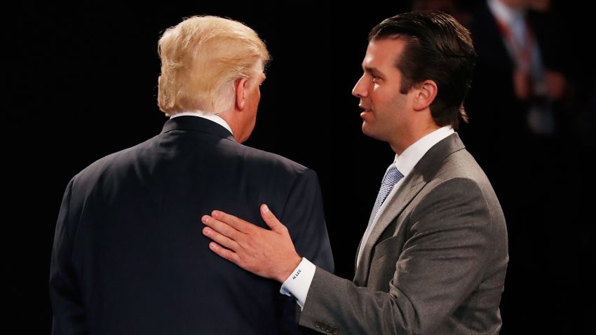 ST LOUIS, MO - OCTOBER 09:  Donald Trump, Jr. (R) greets his father Republican presidential nominee Donald Trump during the town hall debate at Washington University on October 9, 2016 in St Louis, Missouri. This is the second of three presidential debates scheduled prior to the November 8th election.  (Photo by Rick Wilking-Pool/Getty Images)