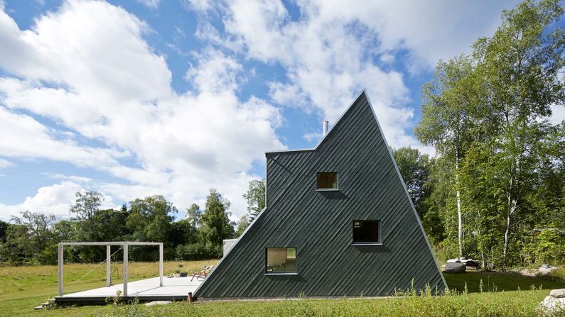 This triangular structure is inspired by camping tents, according to the architect, Qvarsebo. "I wanted to make the basic tent shape visible in my design, but with a sense of recreation," he says. This cabin features sloped walls for visitors to climb, and is divided into different sections, each for a different activity. 