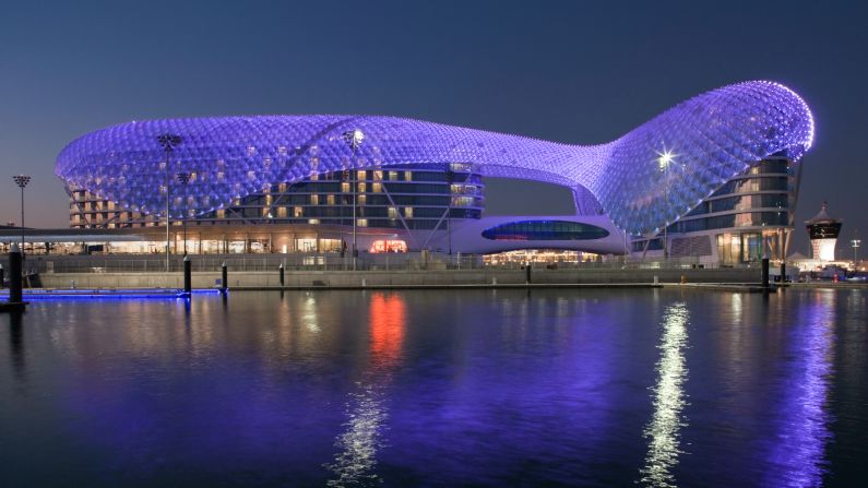 The race track on Yas Island is surrounded by lavish luxury hotels like Yas Viceroy Hotel Abu Dhabi, pictured, which has package deals during the races starting from around $4,870 for the weekend.
