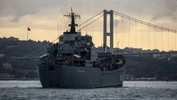 Russian Tapir class landing warship BSF Nikolay Filchenkov 152 passes the Bosphorus Strait off Istanbul on October 18, 2016, believed to be on its way to the Syrian port city of Tartus. 
Russia's defence ministry said on October 10, 2016 that the country was poised to transform its naval facility in the Syrian port city of Tartus into a permanent base. / AFP / OZAN KOSE        (Photo credit should read OZAN KOSE/AFP/Getty Images)