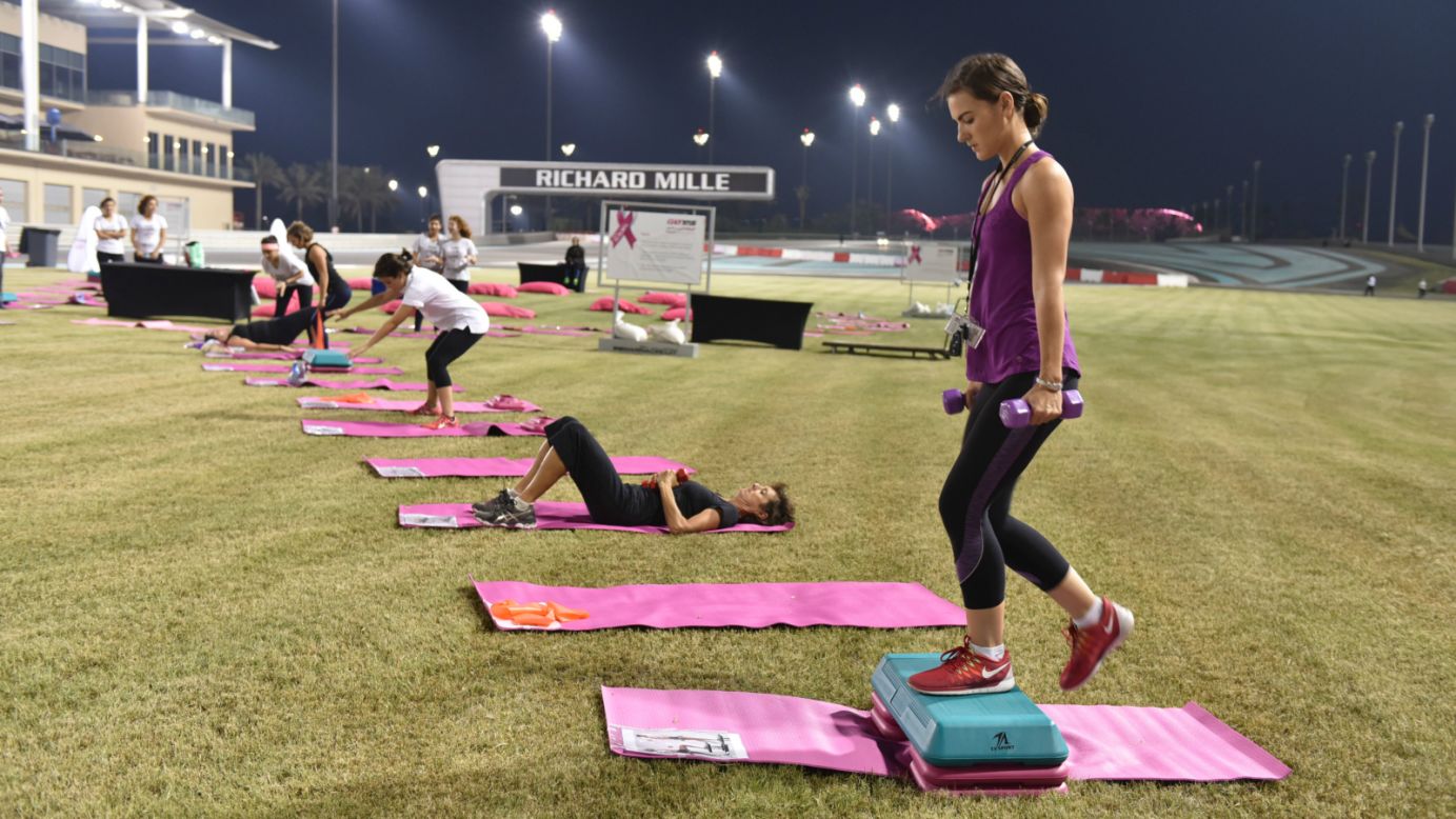 Those looking to shake off the festivities of the previous night can take a fitness class at the circuit. Photo: Yas Marina Circuit.