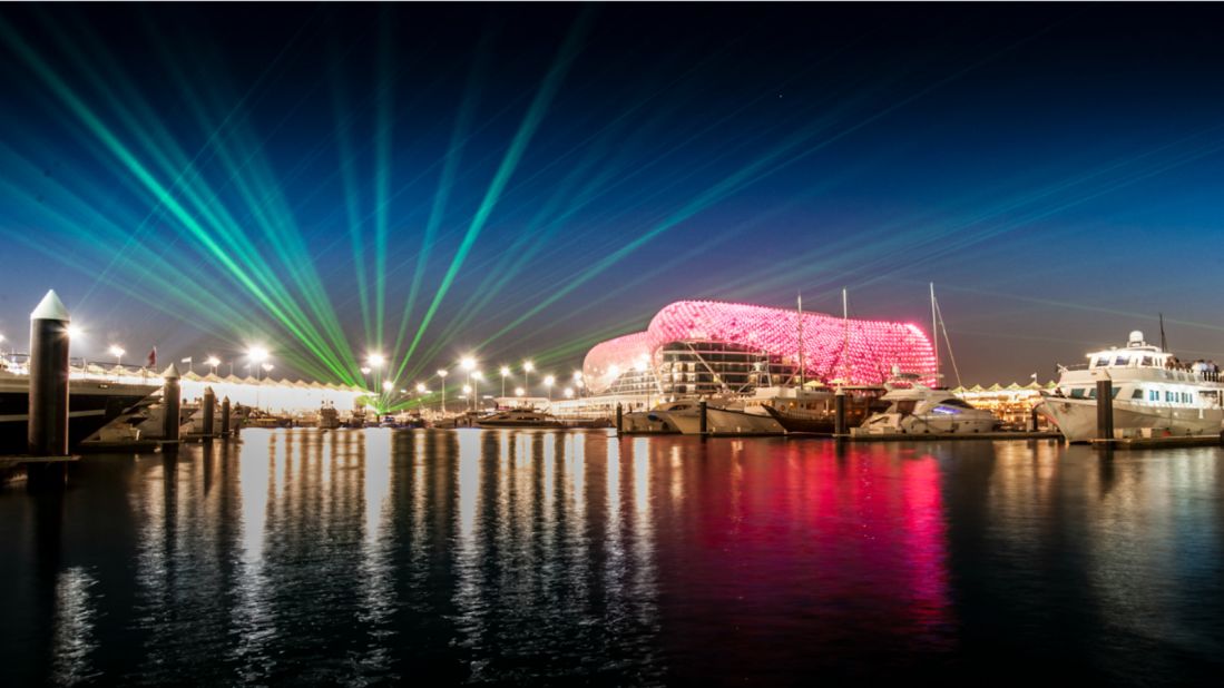 Hundreds of yachts book into the marina, which hosts laser shows and is lined by celebrity bars, for the races. Photo: Yas Marina Circuit.
