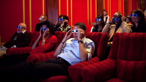 Obama wears 3-D glasses during a Super Bowl viewing at the White House on February 1, 2009.