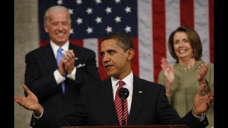 Obama acknowledges applause before addressing a joint session of Congress <a href="index.php?page=&url=http%3A%2F%2Fwww.cnn.com%2F2009%2FPOLITICS%2F02%2F24%2Fobama.speech%2Findex.html" target="_blank">for the first time</a> on February 24, 2009. The President focused on the three priorities of the budget he presented to Congress later in the week: energy, health care and education.