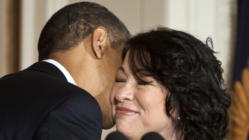 Obama kisses Sonia Sotomayor after announcing her as a Supreme Court nominee on Tuesday, May 26. Sotomayor went on to become the court's<a href="index.php?page=&url=http%3A%2F%2Fwww.cnn.com%2F2009%2FPOLITICS%2F08%2F06%2Fsonia.sotomayor%2Findex.html" target="_blank"> first Hispanic justice.</a>