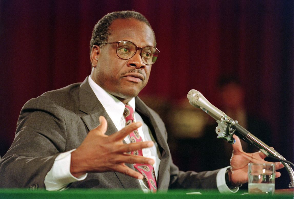 Thomas gestures during confirmation hearings before the Senate Judiciary Committee on September 10, 1991.