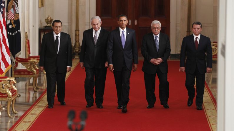Obama hosted a working dinner with Mideast leaders on September 1, 2010. With Obama, from left, are Egyptian President Hosni Mubarak, Israeli Prime Minister Benjamin Netanyahu, Palestinian Authority President Mahmoud Abbas and Jordan's King Abdullah II. Obama said he was <a href="index.php?page=&url=http%3A%2F%2Fwww.cnn.com%2F2010%2FPOLITICS%2F09%2F01%2Fmideast.peace.talks%2F" target="_blank">"cautiously hopeful"</a> that talks could achieve a two-state solution to the long-running Mideast conflict.