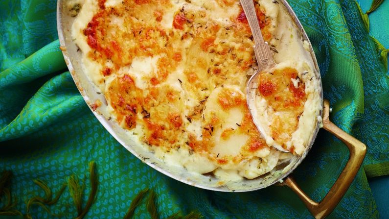 This is a classic bake laden with cream and sliced potatoes and gratinated for a crisp surface. 
