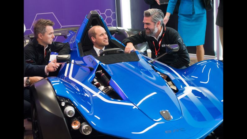Britain's Prince William sits in a BAC Mono car at the National Graphene Institute in Manchester, England, on Friday, October 14.