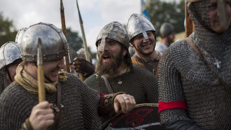 Men in Battle, England, prepare to re-enact the Battle of Hastings on Saturday, October 15. King William's victory in 1066 marked the beginning of the Norman conquest.