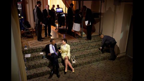 Obama talks backstage with Senior Advisor Valerie Jarrett before a reception in Philadelphia on June 30, 2011.
