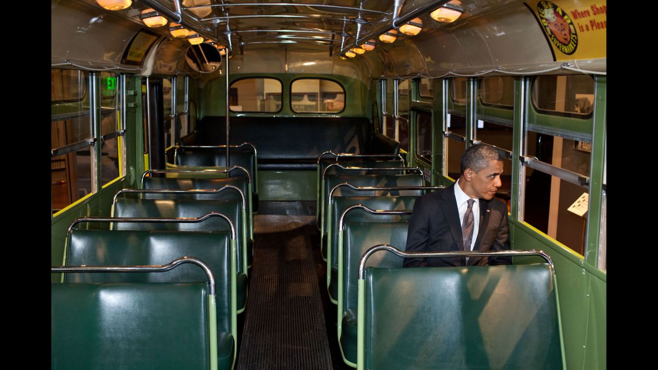 During an event on April 18, 2012, Obama looks out of the famous Rosa Parks bus that was restored by the Henry Ford Museum in Dearborn, Michigan. "I just sat in there for a moment and pondered the courage and tenacity that is part of our very recent history but is also part of that long line of folks who sometimes are nameless, oftentimes didn't make the history books, but who constantly insisted on their dignity, their share of the American dream," the President said.