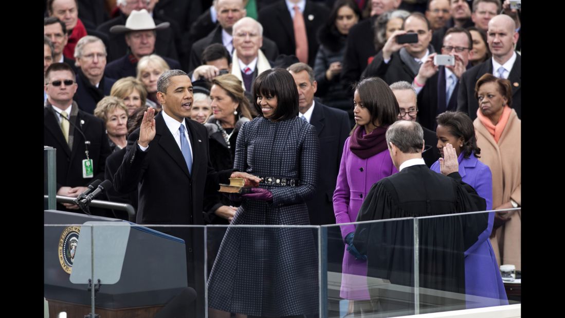 Obama takes the oath of office during his swearing-in ceremony on January 21, 2013. He is the 17th President to win a second term.