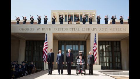 Obama and four former U.S. Presidents attend the dedication of the George W. Bush Presidential Center and Museum on April 25, 2013. From left are Obama, Bush, Bill Clinton, George H.W. Bush and Jimmy Carter.