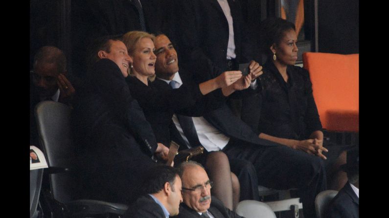 Obama and British Prime Minister David Cameron pose for a selfie with Danish Prime Minister Helle Thorning-Schmidt during Nelson Mandela's memorial service in Johannesburg on December 10, 2013. Some <a href="index.php?page=&url=http%3A%2F%2Fpoliticalticker.blogs.cnn.com%2F2013%2F12%2F10%2Fobama-takes-selfie-with-british-danish-prime-ministers%2F" target="_blank">thought it was tasteless,</a> considering the occasion.
