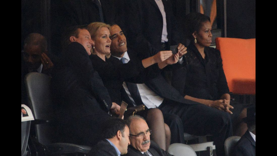 Obama and British Prime Minister David Cameron pose for a selfie with Danish Prime Minister Helle Thorning-Schmidt during Nelson Mandela's memorial service in Johannesburg on December 10, 2013. Some <a href="http://politicalticker.blogs.cnn.com/2013/12/10/obama-takes-selfie-with-british-danish-prime-ministers/" target="_blank">thought it was tasteless,</a> considering the occasion.