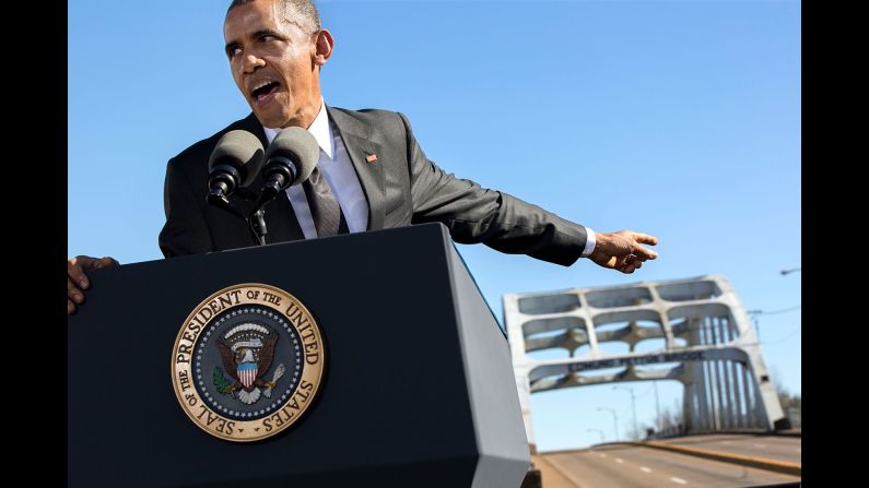 Obama delivers remarks at the Edmund Pettis Bridge on the 50th anniversary of <a href="index.php?page=&url=http%3A%2F%2Fwww.cnn.com%2F2015%2F01%2F06%2Fus%2Fgallery%2Fselma-bloody-sunday-1965%2Findex.html" target="_blank">"Bloody Sunday,"</a> when marchers were brutally beaten in Selma, Alabama, as they demonstrated for voting rights in 1965.
