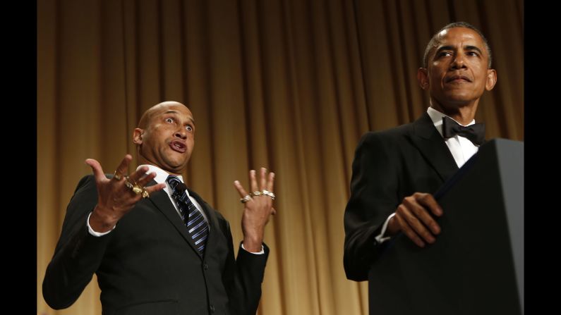 Obama speaks next to comedian Keegan-Michael Key, who is playing Luther, <a href="index.php?page=&url=http%3A%2F%2Fwww.cnn.com%2Fvideos%2Fpolitics%2F2015%2F04%2F26%2Fwhcd-sot-obama-anger-translator-luther.cnn%2Fvideo%2Fplaylists%2Fcorrespondents-dinner%2F" target="_blank">"Obama's anger translator,"</a> at the annual dinner of the White House Correspondents' Association on April 25, 2015. <a href="index.php?page=&url=http%3A%2F%2Fwww.cnn.com%2F2015%2F04%2F26%2Fpolitics%2Fwhite-house-correspondents-dinner-obama-top-10%2F" target="_blank">See the top 10 jokes from the dinner</a>