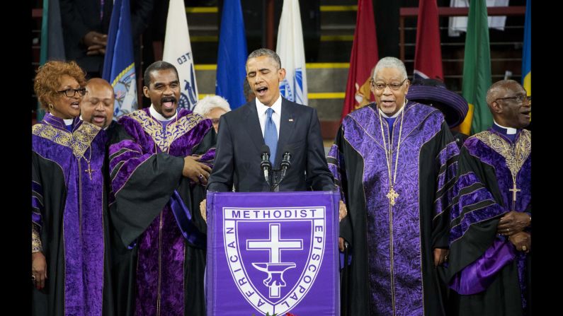 Obama sings "Amazing Grace" during services honoring the life of South Carolina state Sen. Clementa Pinckney on June 26, 2015. Pinckney was one of nine people <a href="index.php?page=&url=http%3A%2F%2Fwww.cnn.com%2F2015%2F06%2F24%2Fus%2Fcharleston-church-shooting-main%2F" target="_blank">killed in a church shooting</a> in Charleston, South Carolina.