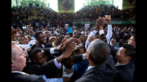 Obama greets audience members after speaking in Nairobi, Kenya, on July 26, 2015. He was making his first visit to his father's homeland as commander in chief.