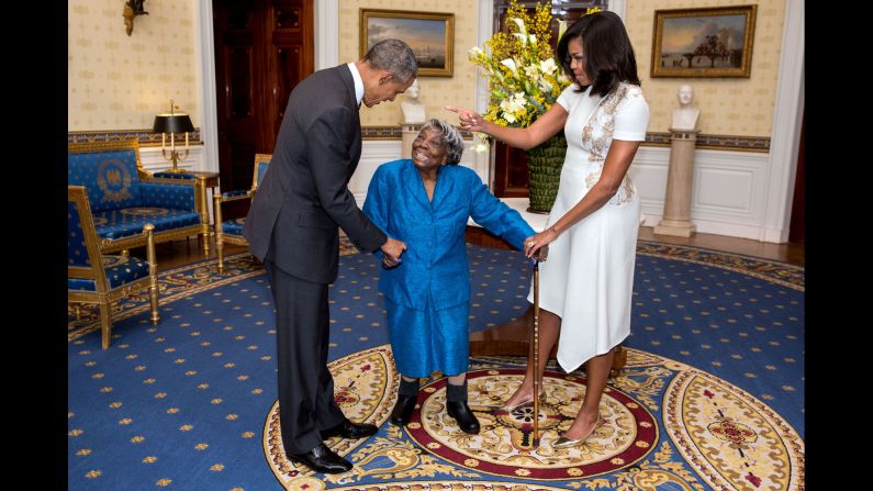 The Obamas greet Virginia McLaurin, 106, before a White House reception celebrating African-American History Month on February 18, 2016. McLaurin was so excited that <a href="index.php?page=&url=http%3A%2F%2Fwww.cnn.com%2F2016%2F02%2F22%2Fpolitics%2Fvirginia-mclaurin-obama-meeting-video%2F" target="_blank">she started dancing,</a> and the video went viral.