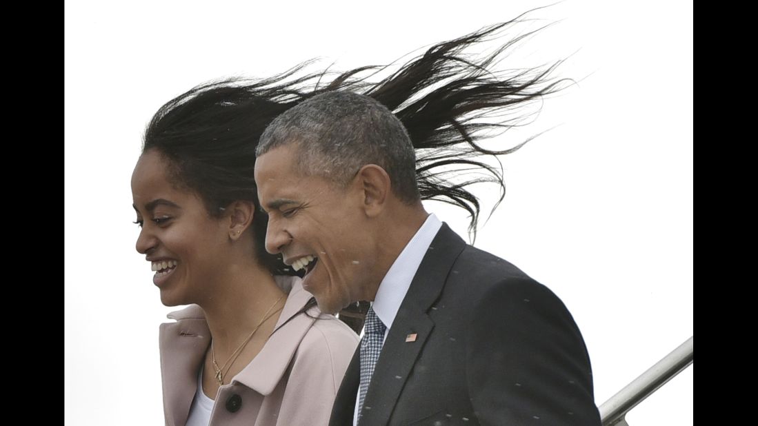 Obama and his daughter Malia walk down the steps of Air Force One after arriving in Chicago on April 7, 2016. She <a href="http://www.cnn.com/2016/05/01/politics/malia-obama-college-decision-harvard-gap-year/" target="_blank">will be attending Harvard University</a> after taking a gap year, the White House announced in May.