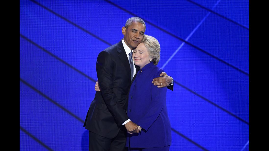 Obama hugs Hillary Clinton <a href="http://www.cnn.com/2016/07/27/politics/president-obama-democratic-convention-speech/" target="_blank">after speaking at the Democratic National Convention</a> on July 27, 2016. "I can say with confidence there has never been a man or a woman -- not me, not Bill, nobody -- more qualified than Hillary Clinton to serve as president of the United States of America," Obama said.