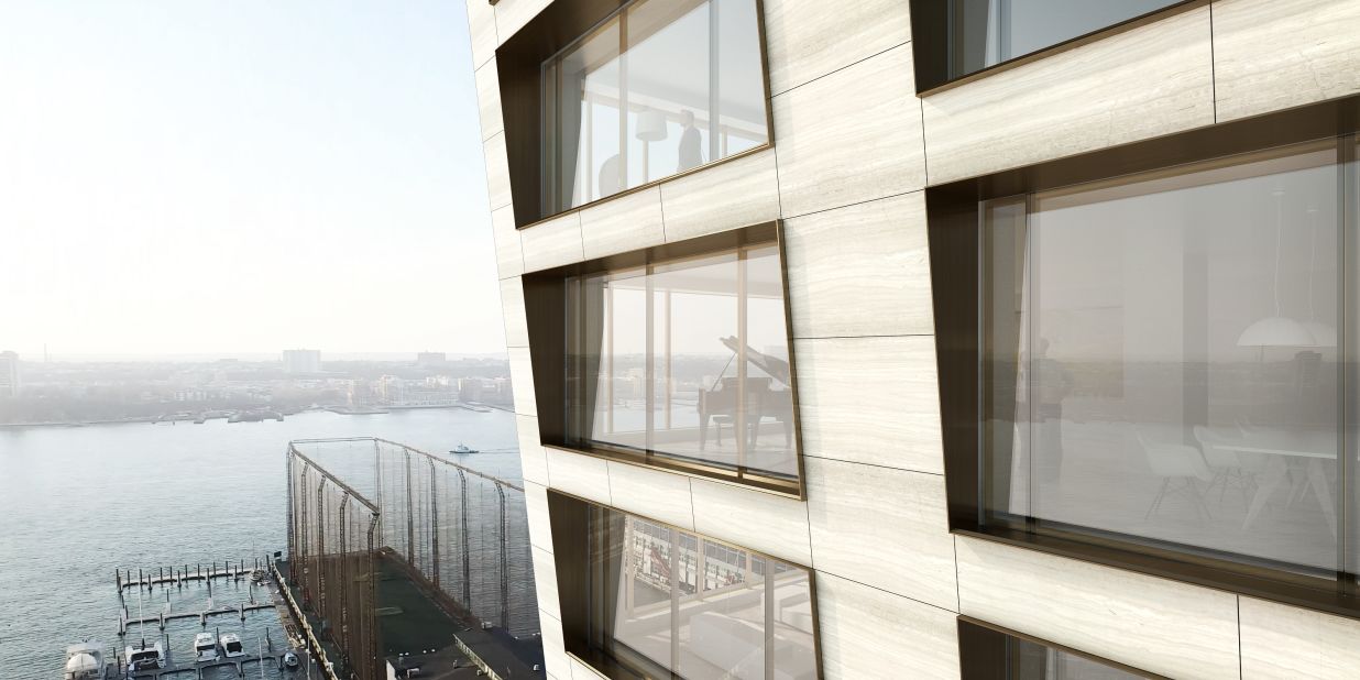 The twisted design serves a practical purpose by allowing more expansive views of the adjacent Hudson River and lower Manhattan.