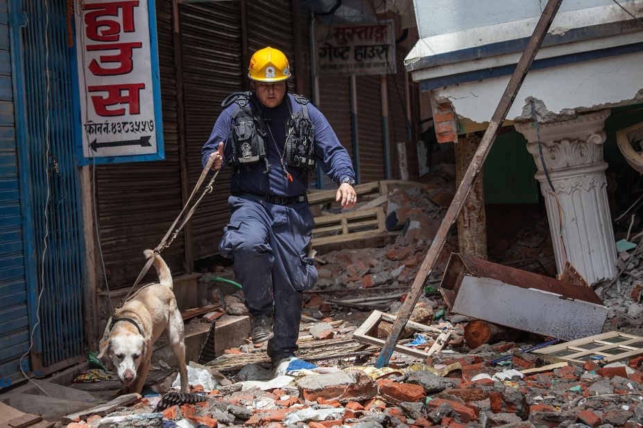 A member of the Los Angeles County Fire Department guides his search dog through a collapsed building on April 30, 2015 in Kathmandu, Nepal.