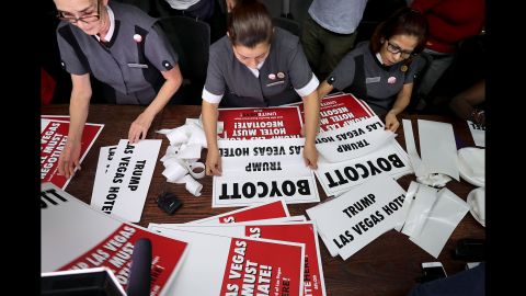 Culinary workers from the Trump International Hotel assemble picket signs at their union headquarters in Las Vegas on Tuesday, October 18. The signs would be used to protest Donald Trump the next day, when the Republican nominee took part in the final presidential debate.