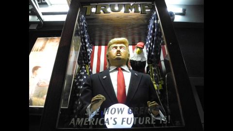 A fortune-teller machine with a likeness of Donald Trump is seen at the New York premiere of the documentary "Michael Moore in TrumpLand" on Tuesday, October 18.