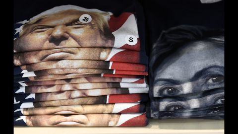 T-shirts carrying the likenesses of Donald Trump and Hillary Clinton are seen at Philadelphia International Airport on Thursday, October 20.