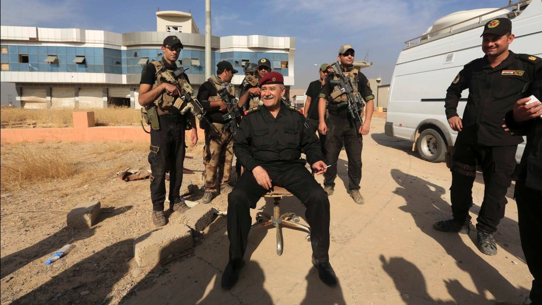 Gen. Abdel Ghani al-Asadi, who leads Iraq's counterterrorism forces, sits in Bartella on October 21 after the town was reclaimed.