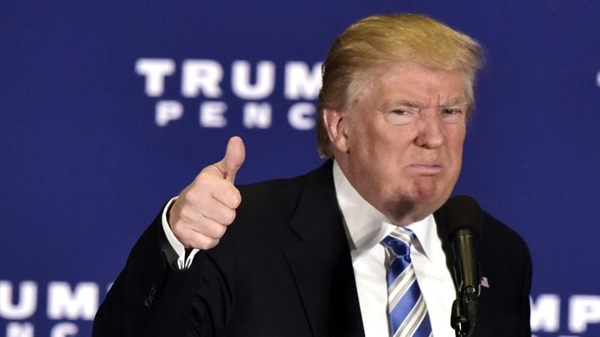 Republican presidential nominee Donald Trump gives the thumbs-up after speaking at a campaign event at the Eisenhower Hotel in Gettysburg, Pennsylvania on October 22.