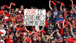 CLEVELAND, OH - OCTOBER 15:  Cleveland Indians fans hold up signs prior to the start of game two of the American League Championship Series against the Toronto Blue Jays at Progressive Field on October 15, 2016 in Cleveland, Ohio.  (Photo by Maddie Meyer/Getty Images)