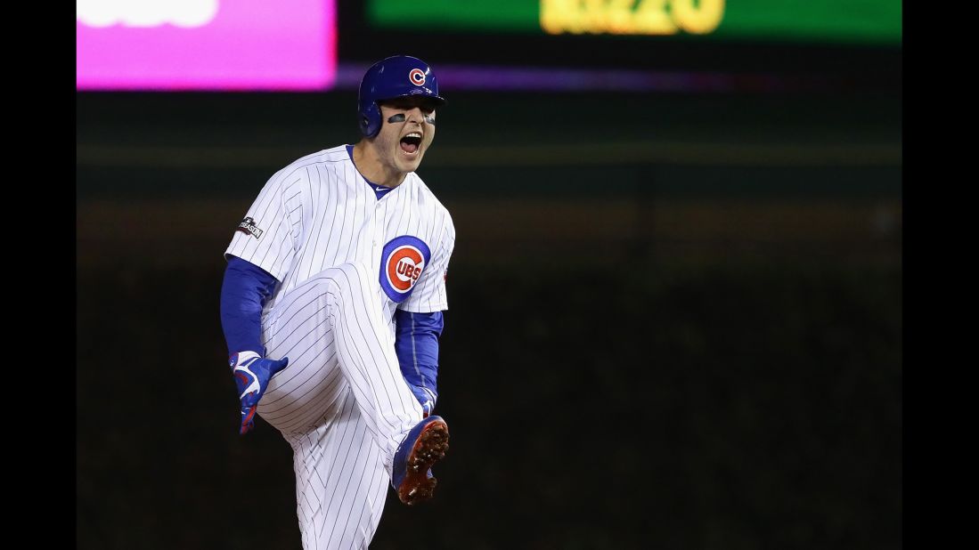 Anthony Rizzo of the Chicago Cubs celebrates after hitting a double in the first inning.