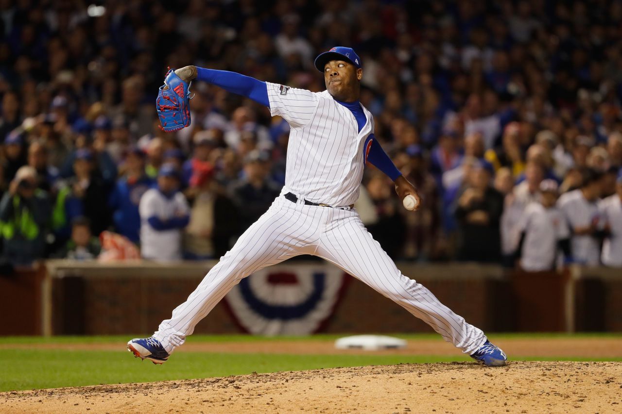 Aroldis Chapman of the Cubs throws a pitch in the ninth inning against the Dodgers.