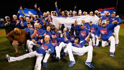 CHICAGO, IL - OCTOBER 22:  The Chicago Cubs pose after defeating the Los Angeles Dodgers 5-0 in game six of the National League Championship Series to advance to the World Series against the Cleveland Indians at Wrigley Field on October 22, 2016 in Chicago, Illinois.  (Photo by Jamie Squire/Getty Images)