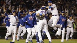 Chicago Cubs players celebrate after Game 6 of the National League baseball championship series against the Los Angeles Dodgers, Saturday, Oct. 22, 2016, in Chicago. The Cubs won 5-0 to win the series and advance to the World Series against the Cleveland Indians. 