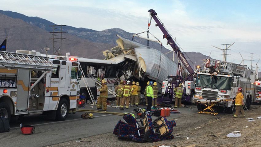 A tour bus crashed into a tractor trailer on I-10 near Palm Springs, California at 5:17am, on October 23. 