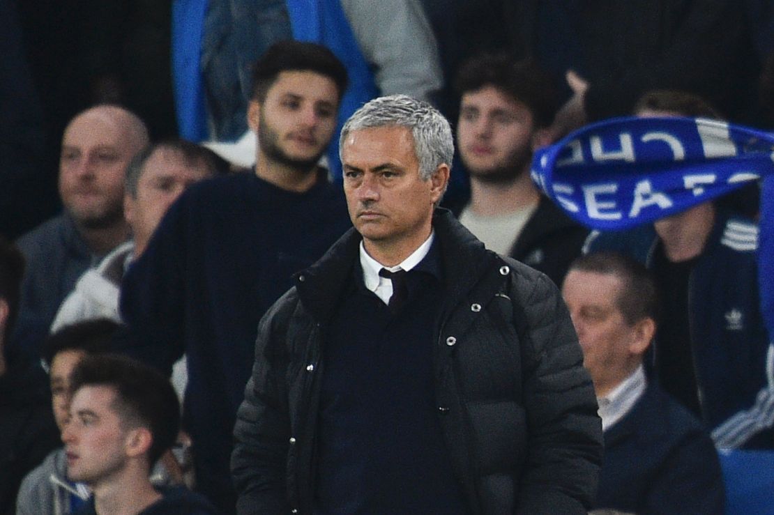 A miserable Jose Mourinho watches on as his side slipped to a 4-0 defeat to his former club Chelsea at Stamford Bridge.
